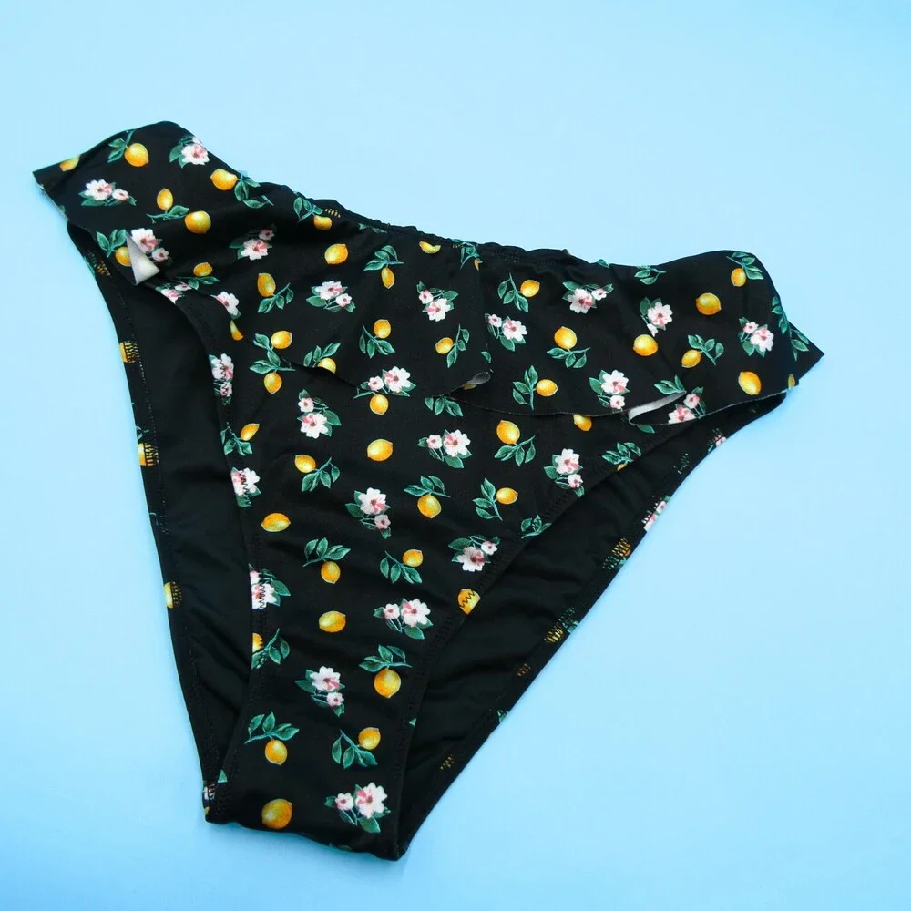 Victorias Secret Medium Black Floral Lemons Brazilian Bikini Bottom Swimwear New